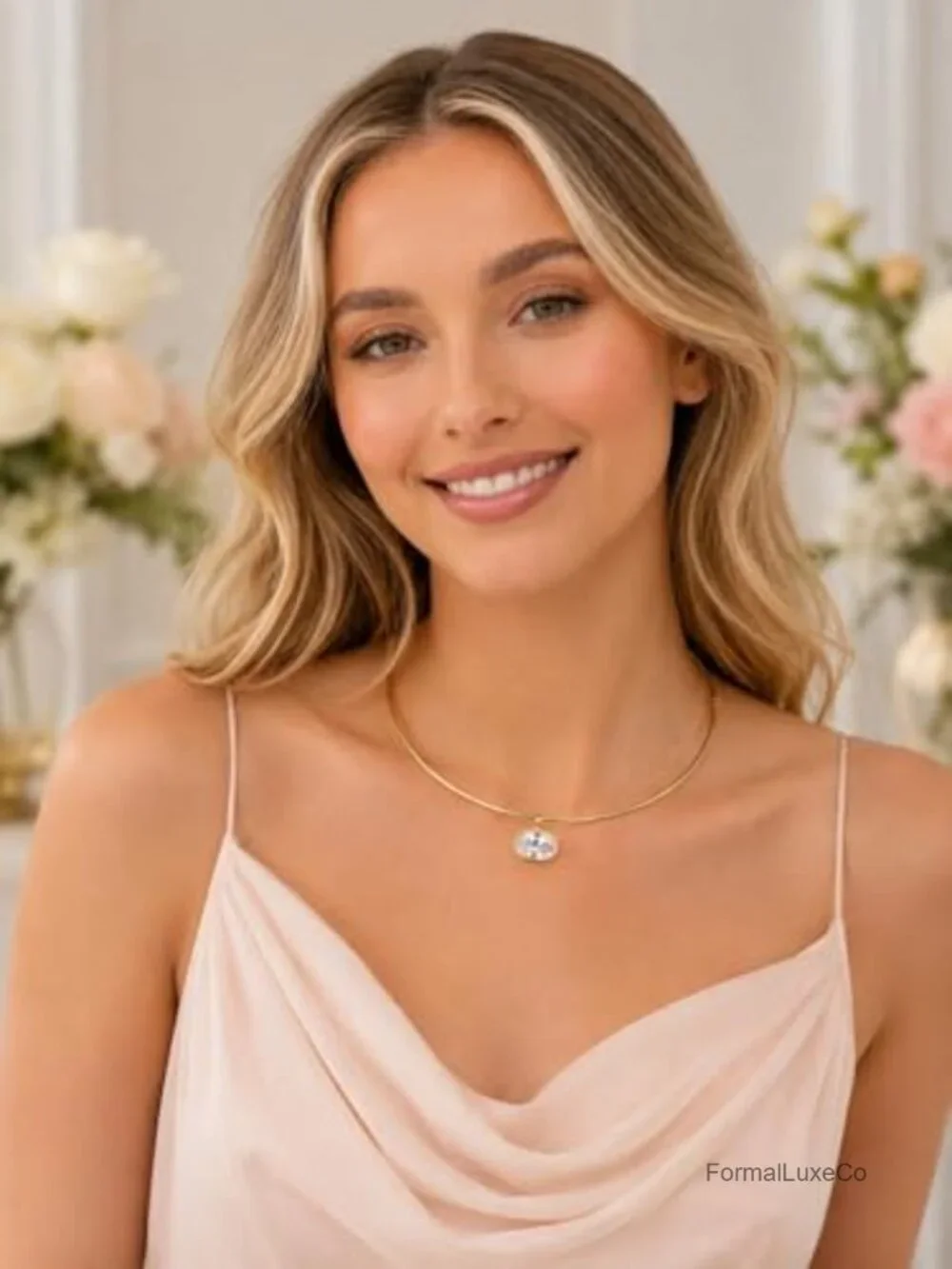 Gold Plated Collar Necklace with CZ & Pearl Pendants, Removable